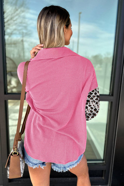 Leopard Sleeve Contrast Chest Pockets Corded Drop Shoulder Shirt Jacket
